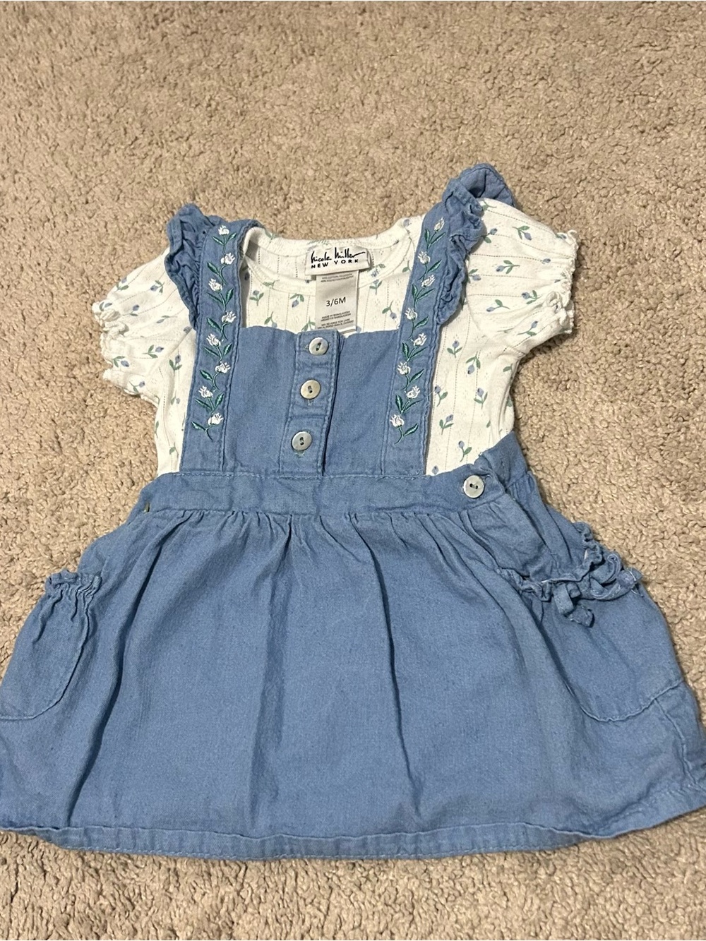 Kensie Blue Denim-Style Skirt Pinafore with Cream Floral Tee - Baby